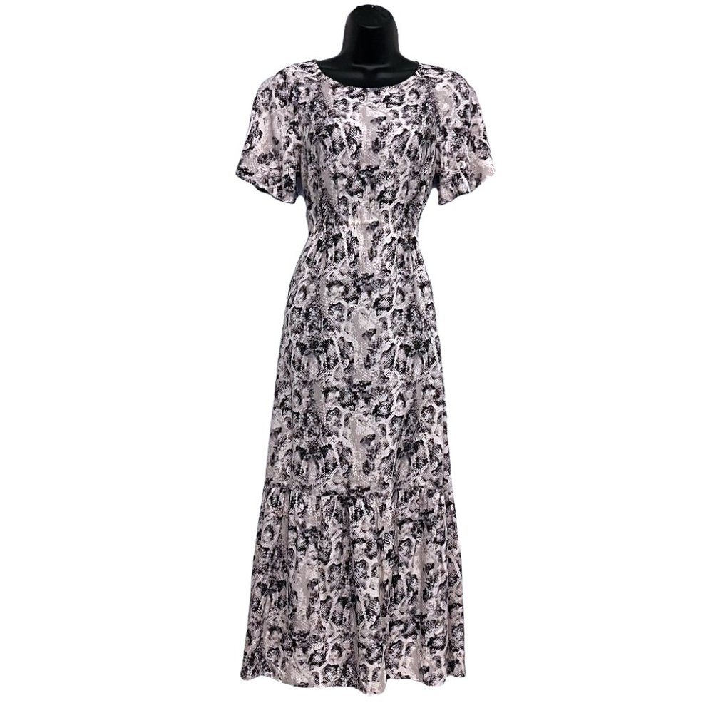 Short Sleeve Maxi Dress Snake Print Short Flutter Sleeves Tiered Skirt